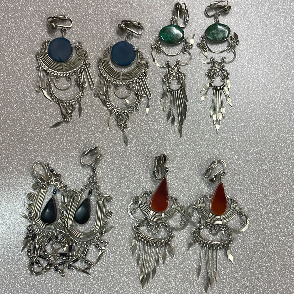 4 pairs of vintage chandelier clip on earrings boho chic, eclectic.
